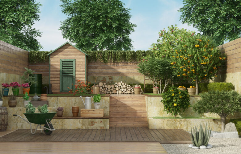 Garden on two levels with wooden shed