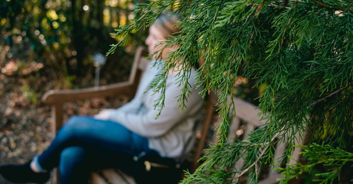 the girl is sitting on a bench near a coniferous tree