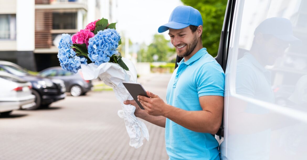 courier during flowers delivery